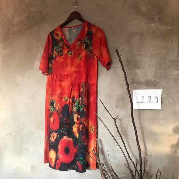 Multi color Abstract Poppies Printed Dress - Picture 3 of 6